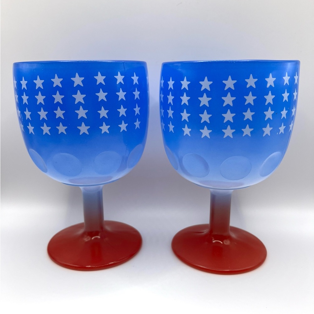 Set of 2 Bartlett Collins Patriotic Red White Blue Stars Goblets Beer Glasses 6"